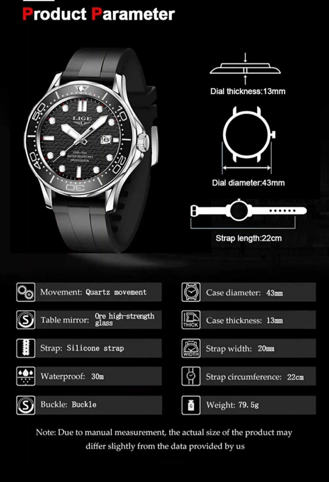 Lige Mens Luxury Luminous Waterproof Sport Quartz Watch Silicone Strap GoldBlack