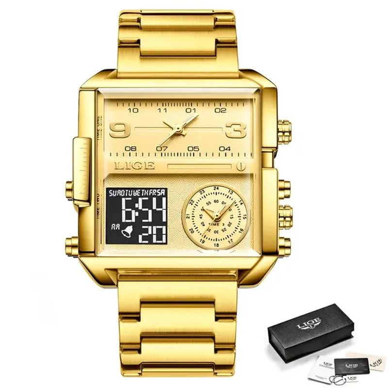 LIGE Men Gold Watch Luxury Quartz Waterproof Stainless Steel Designer Wristwatch