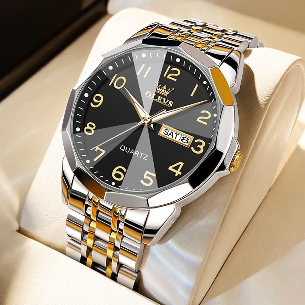 OLEVS Watches for Men Stainless Steel Analog Quartz Waterproof Luminous Luxury Dress Date Diamond Business Casual Mens Wrist Watch（Gold/Blue/Black/White Dial）