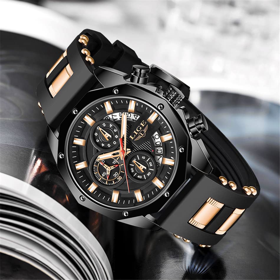 LIGE Mens Watches Fashion Sports Chronograph Waterproof Stainless Steel Analog Quartz Busines Casual Date Wrist Watches for Men