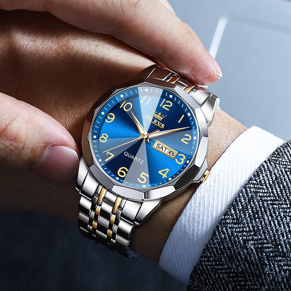 OLEVS Watches for Men Stainless Steel Analog Quartz Waterproof Luminous Luxury Dress Date Diamond Business Casual Mens Wrist Watch（Gold/Blue/Black/White Dial）