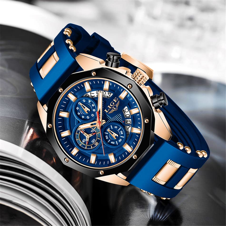 LIGE Men's Fashion Chronograph Stainless Steel Waterproof Analog Quartz Luminous Large Dial Sport Classic Watch