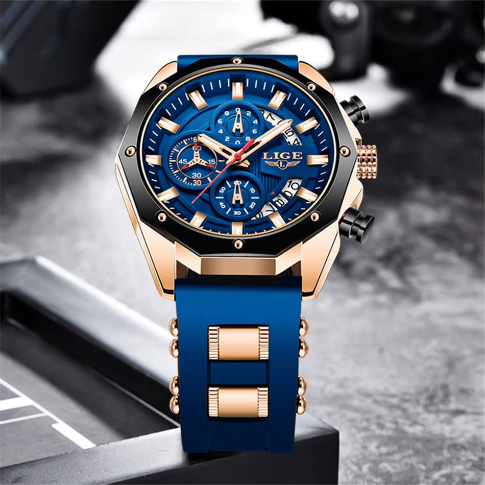 LIGE Mens Watches Chronograph Waterproof Analog Quartz Stainless Steel Fashion Business Casual Date Blue Wrist Watches for Men