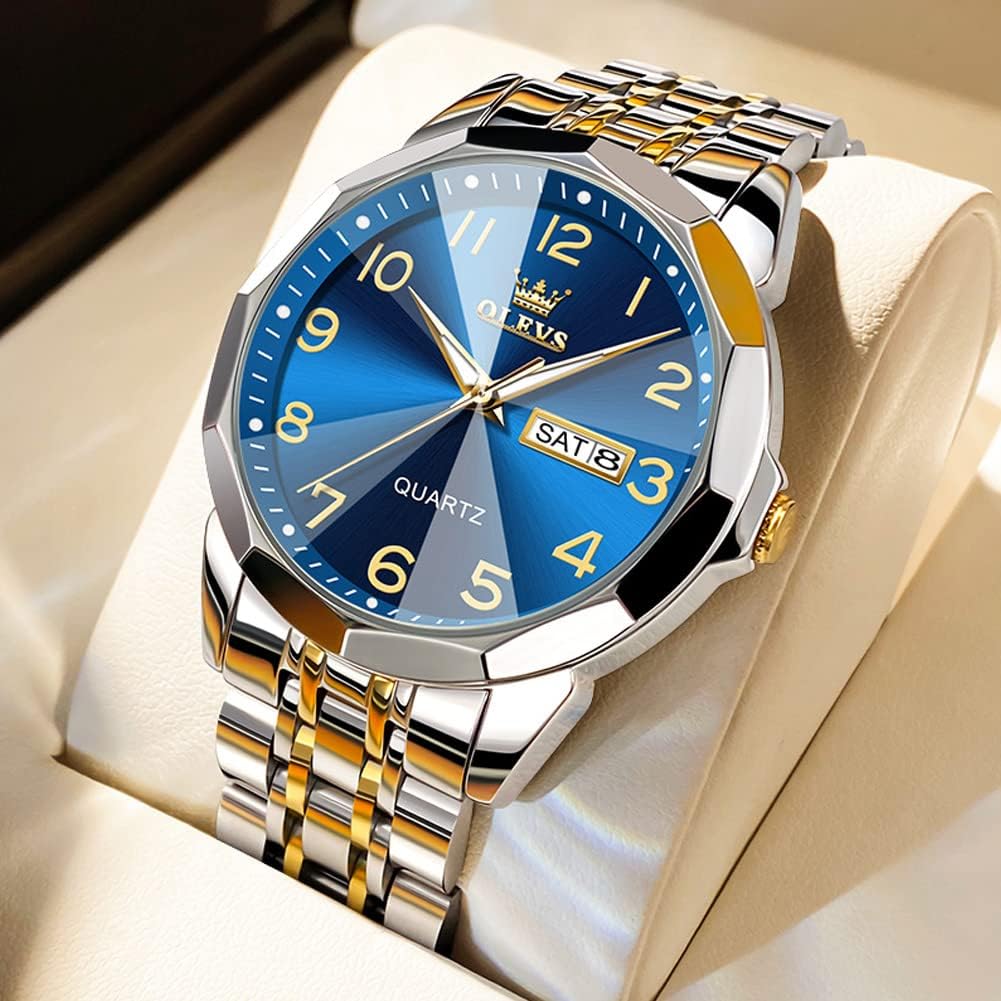 OLEVS Watches for Men Stainless Steel Analog Quartz Waterproof Luminous Luxury Dress Date Diamond Business Casual Mens Wrist Watch（Gold/Blue/Black/White Dial）