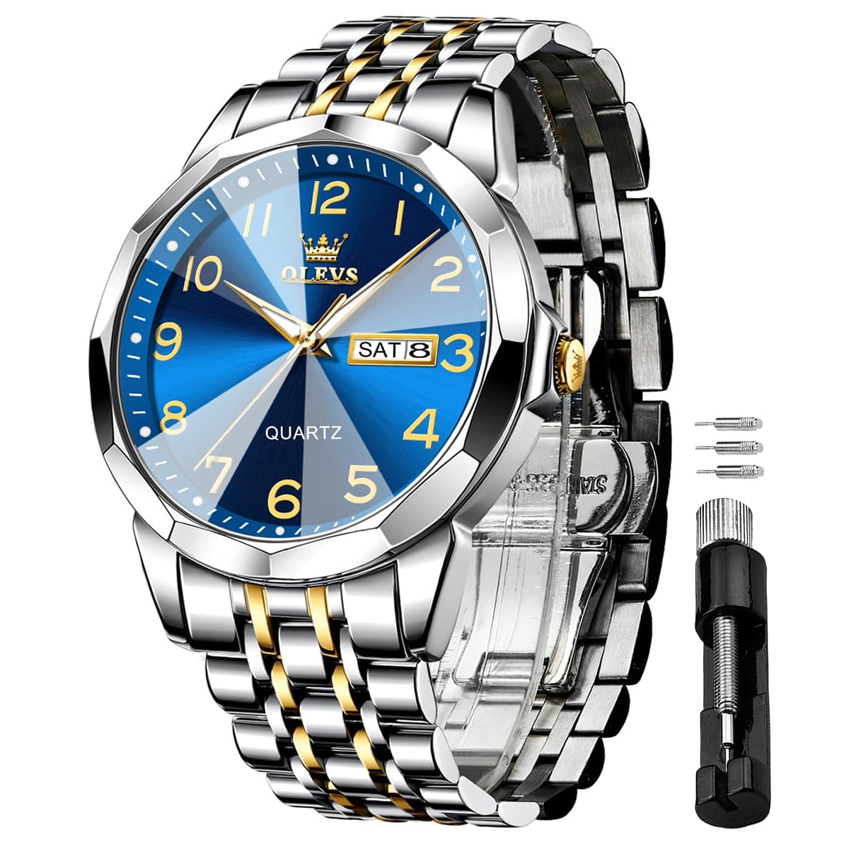 OLEVS Watches for Men Stainless Steel Analog Quartz Waterproof Luminous Luxury Dress Date Diamond Business Casual Mens Wrist Watch（Gold/Blue/Black/White Dial）