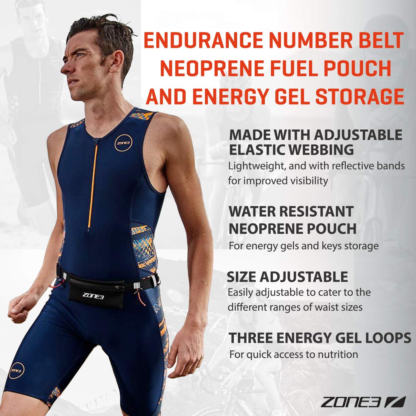 ZONE3 Endurance Number Belt with Neoprene Fuel Pouch and Energy Gel Storage for Runners, Cyclists, Triathletes - Black, One Size