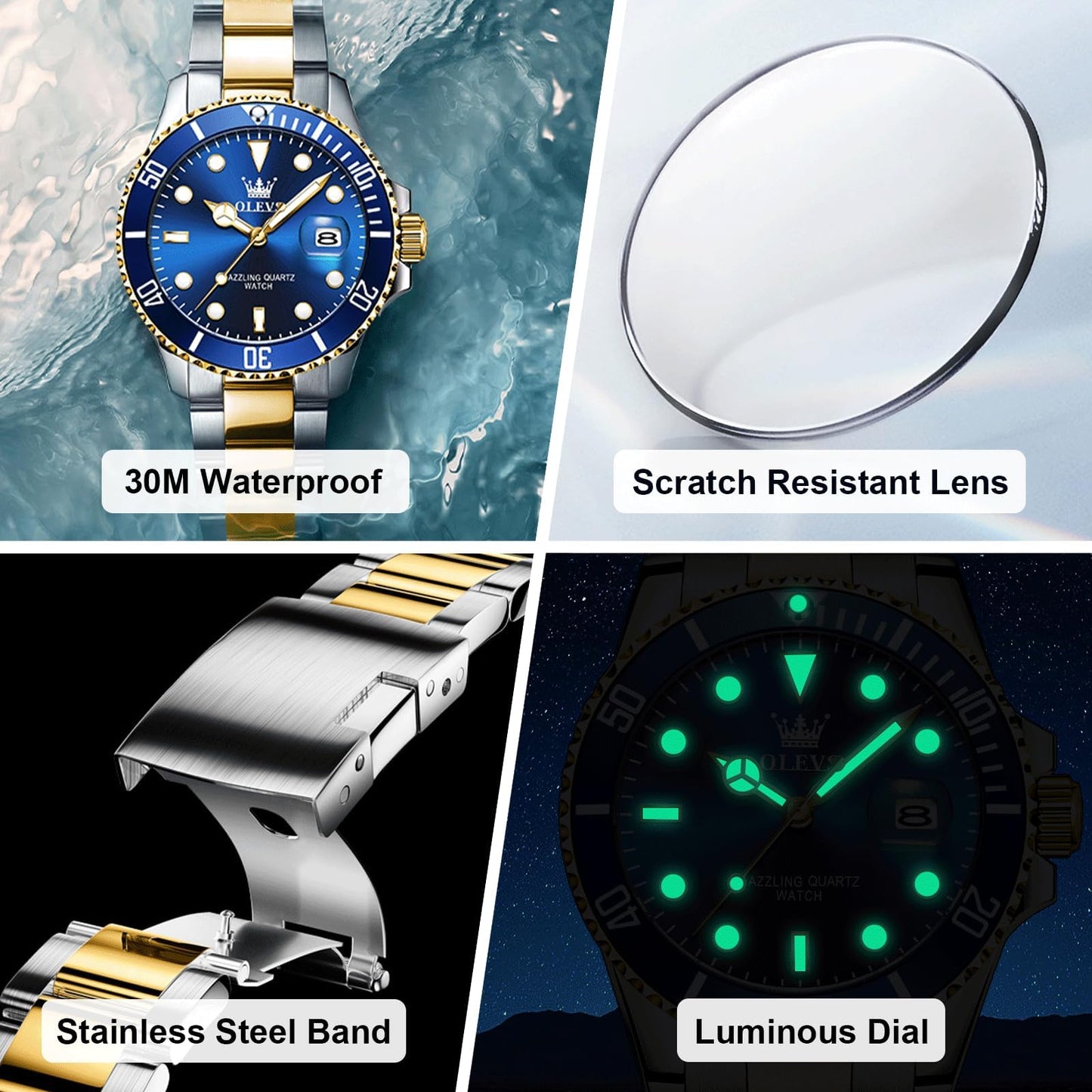 OLEVS Mens Watch Gold Silver Stainless Steel Men's Wrist Watches Big Face Classic Blue Rotating Bezel Watches for Men Two Tone Waterproof Luminous Dress Watches for Men Reloj para Hombre