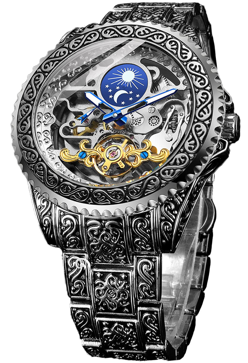 FORSINING Retro Mens Tourbillon Moon Phase Skeleton Automatic Watch