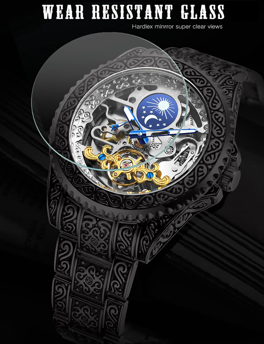 FORSINING Retro Mens Tourbillon Moon Phase Skeleton Automatic Watch