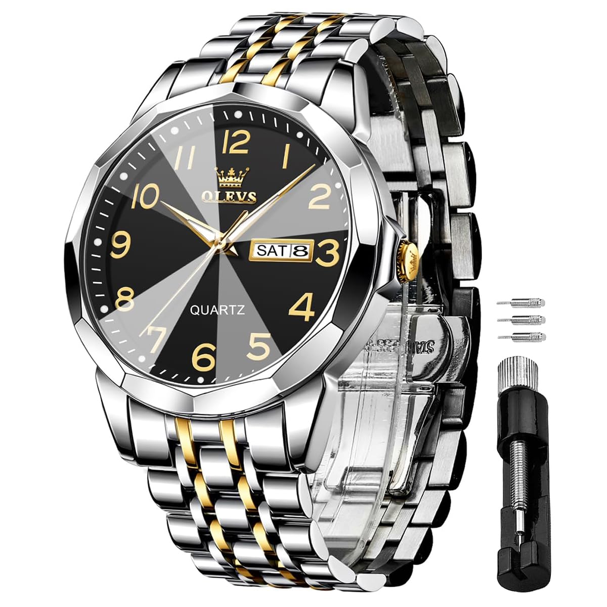 OLEVS Watches for Men Stainless Steel Analog Quartz Waterproof Luminous Luxury Dress Date Diamond Business Casual Mens Wrist Watch（Gold/Blue/Black/White Dial）