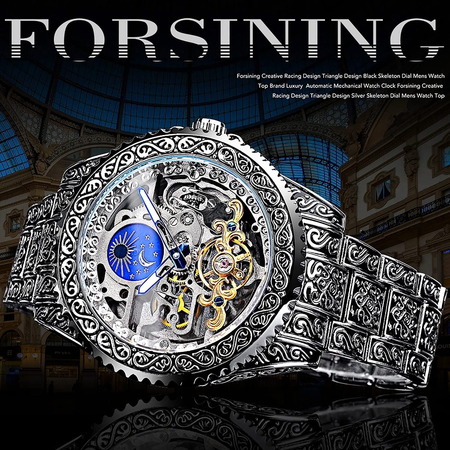 FORSINING Retro Mens Tourbillon Moon Phase Skeleton Automatic Watch