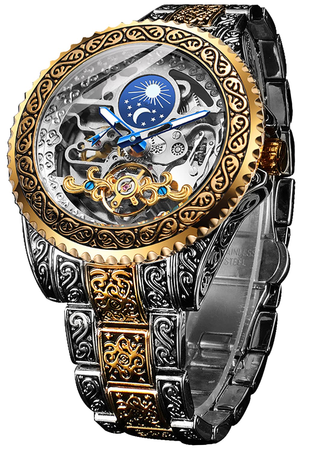 FORSINING Retro Mens Tourbillon Moon Phase Skeleton Automatic Watch