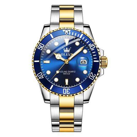OLEVS Mens Watch Gold Silver Stainless Steel Men's Wrist Watches Big Face Classic Blue Rotating Bezel Watches for Men Two Tone Waterproof Luminous Dress Watches for Men Reloj para Hombre
