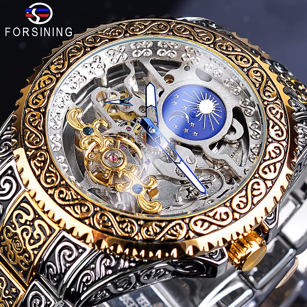 FORSINING Retro Mens Tourbillon Moon Phase Skeleton Automatic Watch