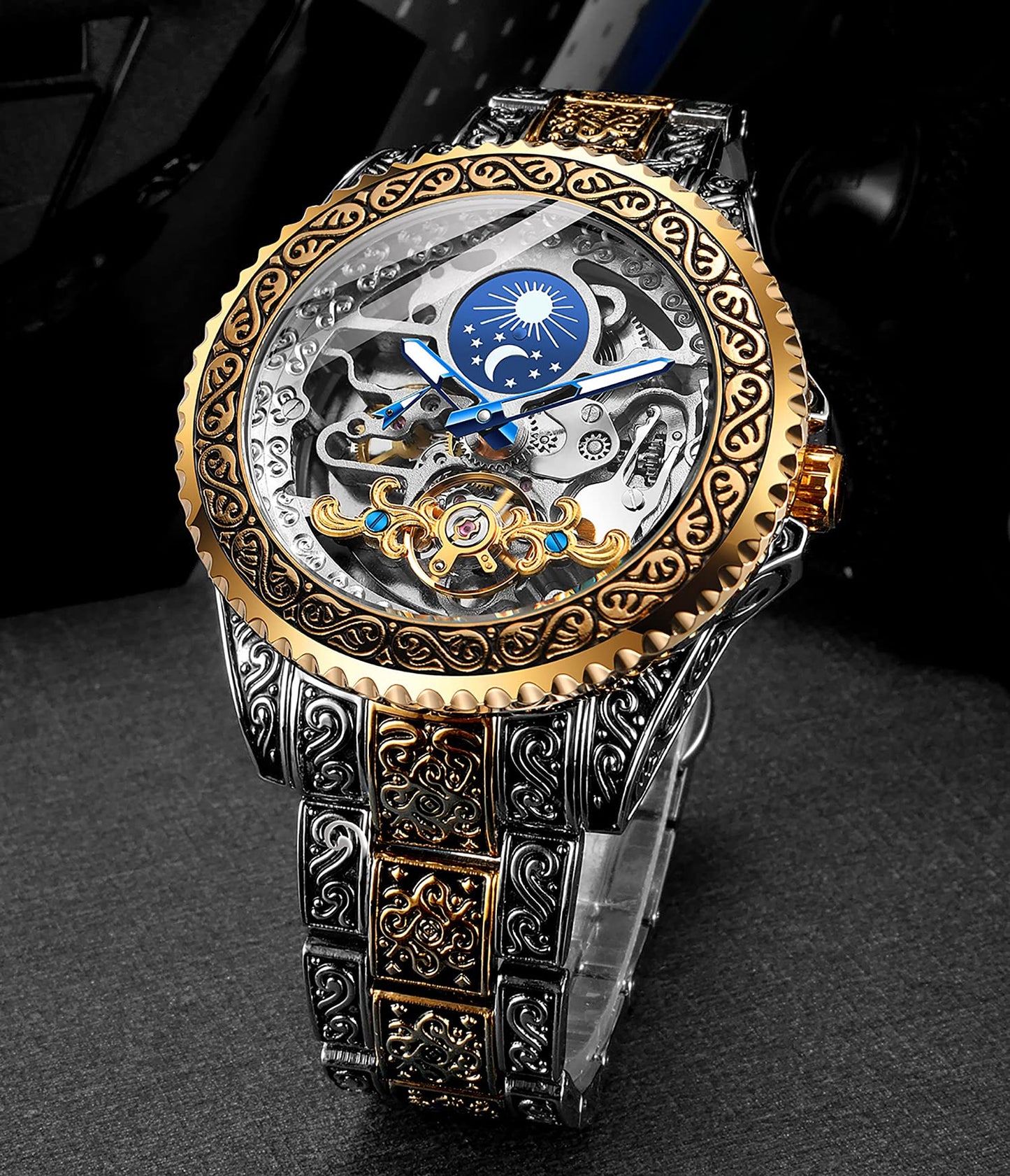 FORSINING Retro Mens Tourbillon Moon Phase Skeleton Automatic Watch