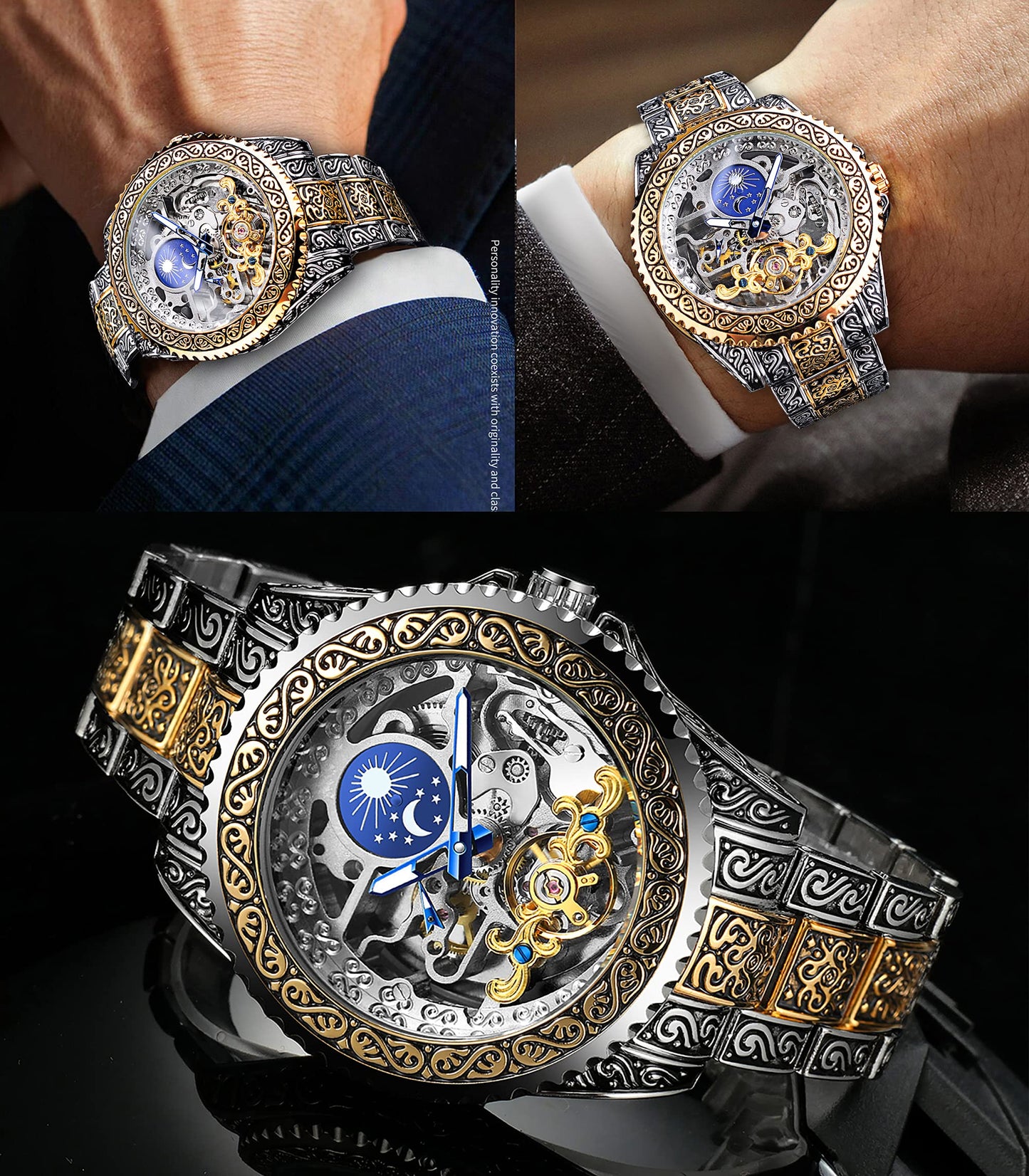 FORSINING Retro Mens Tourbillon Moon Phase Skeleton Automatic Watch