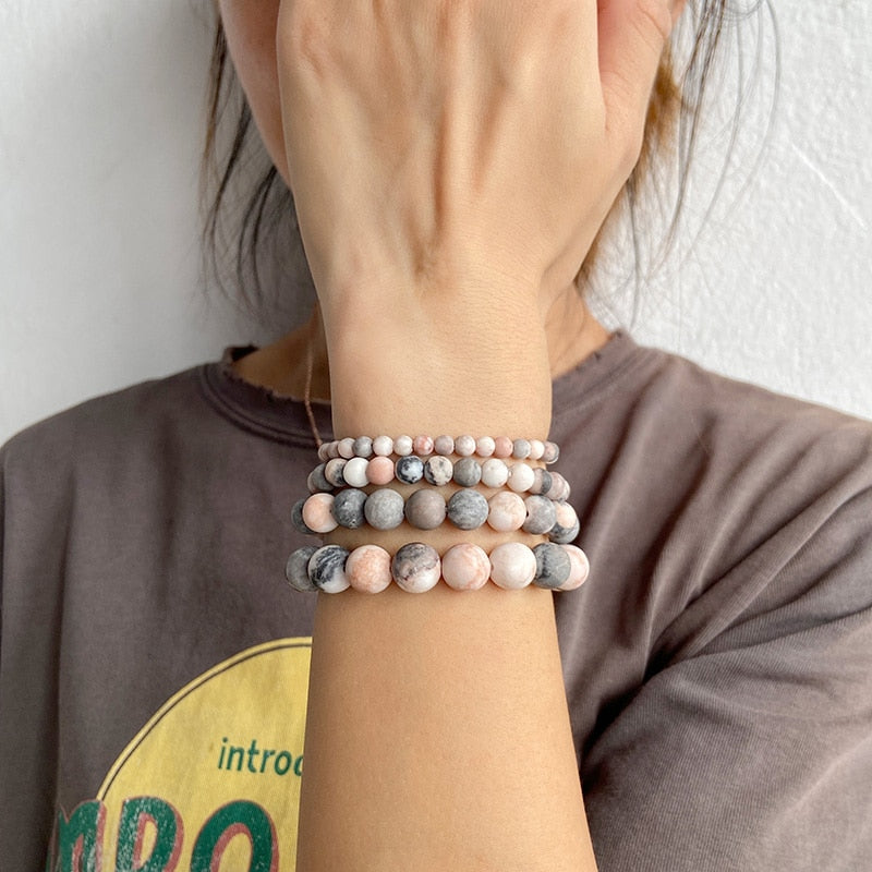 Natural Frosted Pink Zebra Mineral Stone Bracelets Handmade Matte Stone Bead Bracelet Women Men Yoga Meditation Jewelry Gift 1pc - Bonnie Lassio