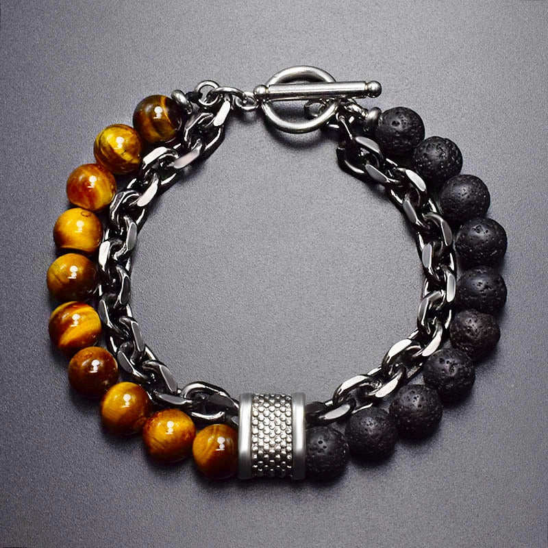 Natural Stone Layered Gun Black Color Alloy Chain Bracelet Homme Lava Stone Eye Tiger Bead Meditation OT Buckle Gifts for Men - Bonnie Lassio