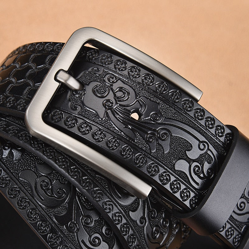 Male Print Leather Belt Floral Strap For Men 4.0 CM Black Vintage Embossing Genuine Cowskin Belt Designer Jeans High Quality - Bonnie Lassio