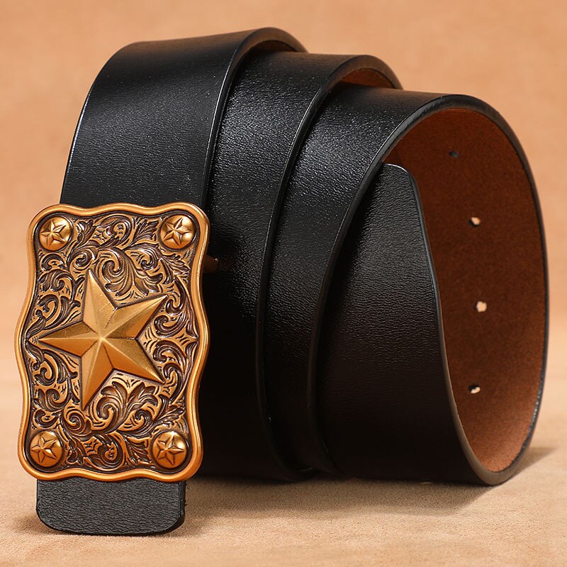 Large Plus Size 130 140 150cm Men Leather Belt for Men Gold Silver Star Buckle - Bonnie Lassio