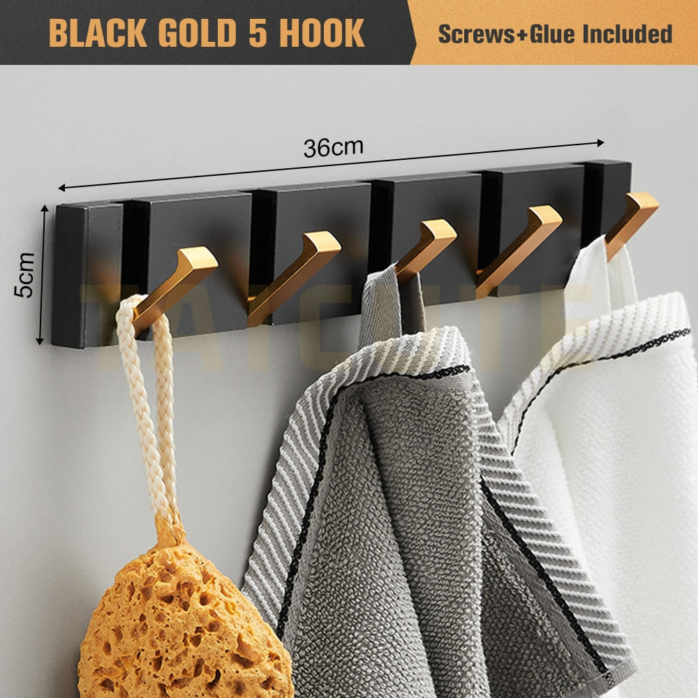 Folding Towel Hanger Wall Hooks Coat Clothes Holder for Bathroom Kitchen Bedroom Hallway, Black Gold - Bonnie Lassio