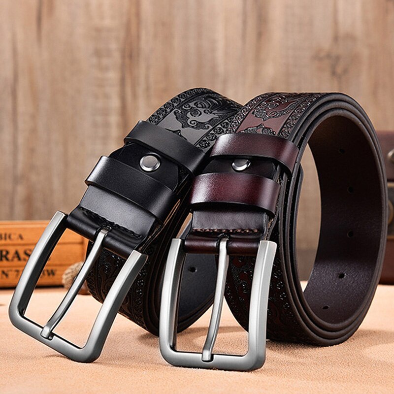 Male Print Leather Belt Floral Strap For Men 4.0 CM Black Vintage Embossing Genuine Cowskin Belt Designer Jeans High Quality - Bonnie Lassio