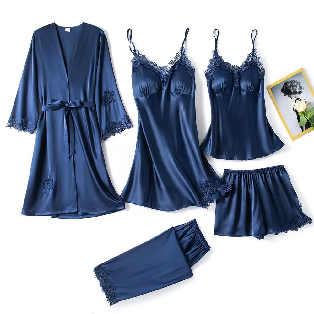 5PC Silk Robe Sleep Suit Womens Lace Satin Pajamas Gown Set V-Neck Cami Nighties Wear Pijama Home Nightwear Spring Nightdress - Bonnie Lassio