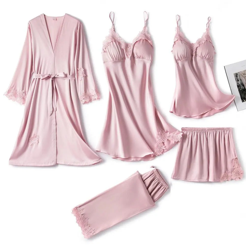 5PC Silk Robe Sleep Suit Womens Lace Satin Pajamas Gown Set V-Neck Cami Nighties Wear Pijama Home Nightwear Spring Nightdress - Bonnie Lassio