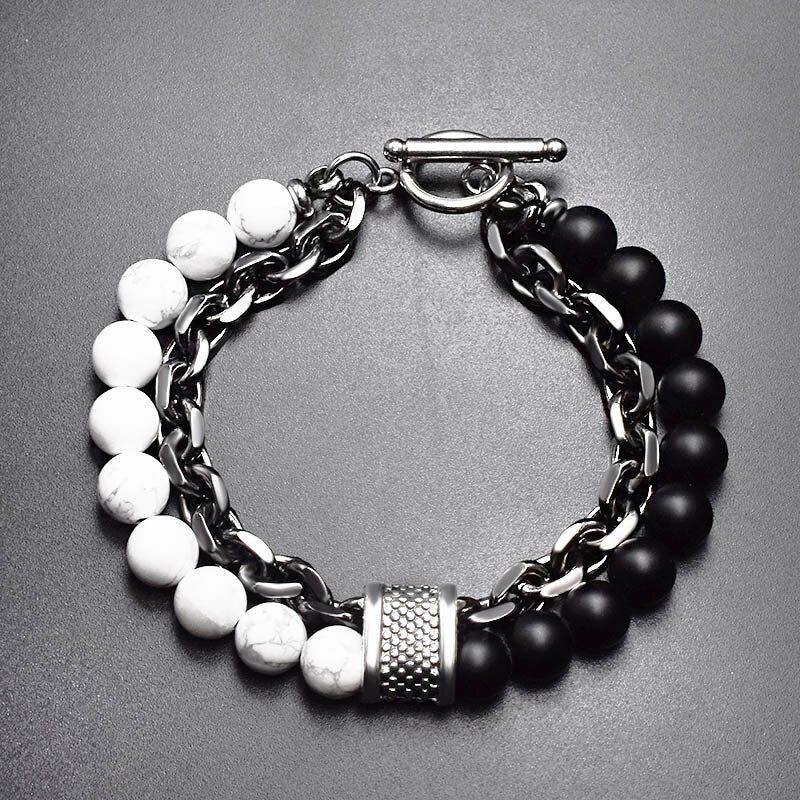 Natural Stone Layered Gun Black Color Alloy Chain Bracelet Homme Lava Stone Eye Tiger Bead Meditation OT Buckle Gifts for Men - Bonnie Lassio