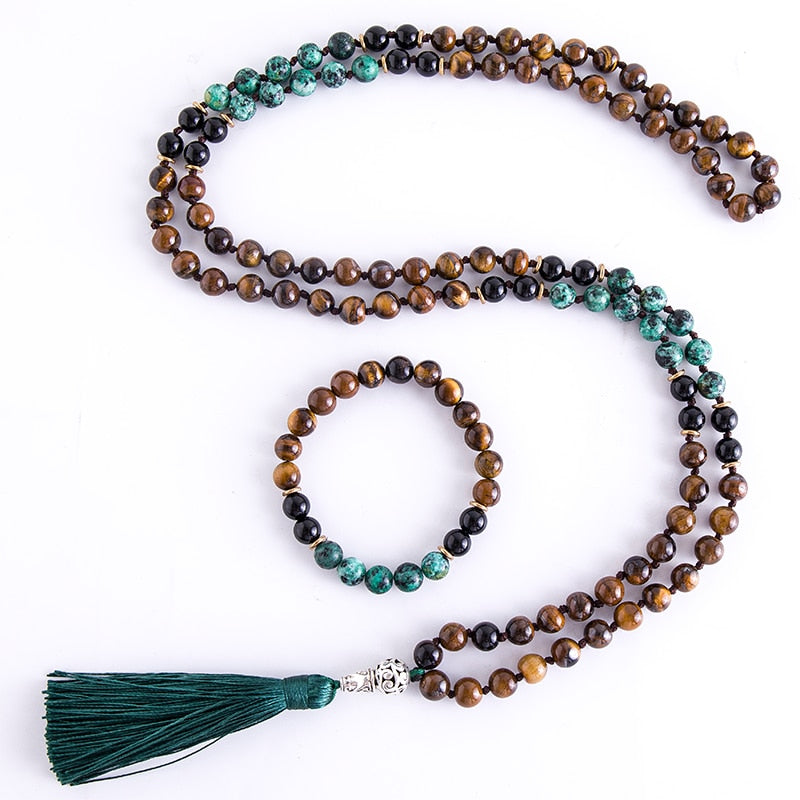 8mm Yellow Tiger Eyes Turquesa Africana Black Onyx Japamala Set Meditation Yoga Spirit Jewelry 108 Mala Beaded Tassel Necklace - Bonnie Lassio