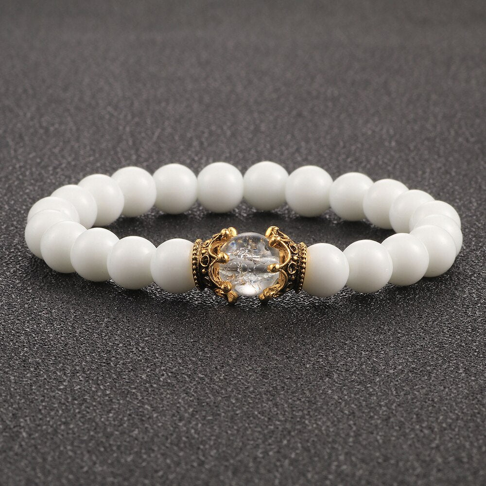 White Natural Stone Crown Beads Bracelets Men Women Yoga Meditation Buddha Stretch Braclet Vintage Charm Jewelry Pulseira Homme - Bonnie Lassio