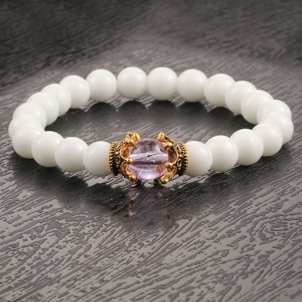 White Natural Stone Crown Beads Bracelets Men Women Yoga Meditation Buddha Stretch Braclet Vintage Charm Jewelry Pulseira Homme - Bonnie Lassio