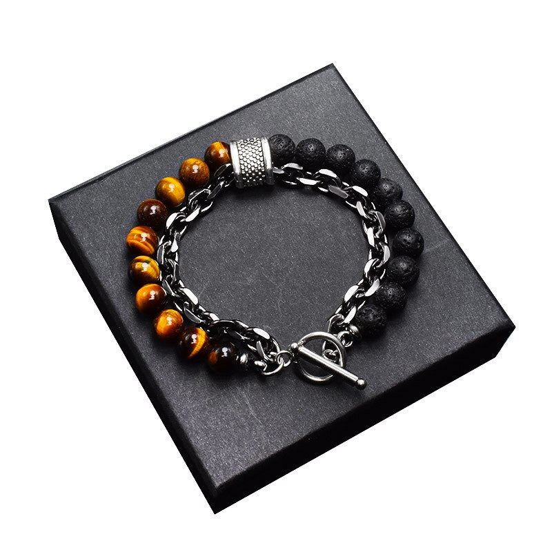 Natural Stone Layered Gun Black Color Alloy Chain Bracelet Homme Lava Stone Eye Tiger Bead Meditation OT Buckle Gifts for Men - Bonnie Lassio