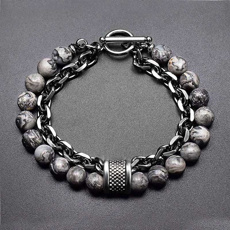 Natural Stone Layered Gun Black Color Alloy Chain Bracelet Homme Lava Stone Eye Tiger Bead Meditation OT Buckle Gifts for Men - Bonnie Lassio