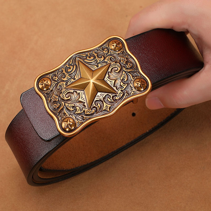 Large Plus Size 130 140 150cm Men Leather Belt for Men Gold Silver Star Buckle - Bonnie Lassio