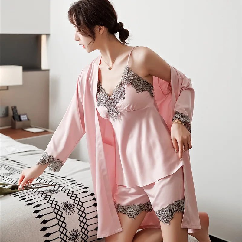 5PC Silk Robe Sleep Suit Womens Lace Satin Pajamas Gown Set V-Neck Cami Nighties Wear Pijama Home Nightwear Spring Nightdress - Bonnie Lassio