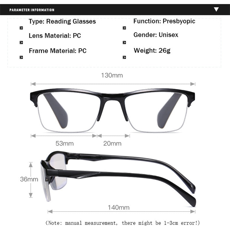 Ahora Ultralight Square Half Frame Reading Glasses Presbyopic Glasses Men Women +0.25 0.5 0.75 1 1.25 1.5 1.75 2 2.25 2.5 2.75 3 - Bonnie Lassio