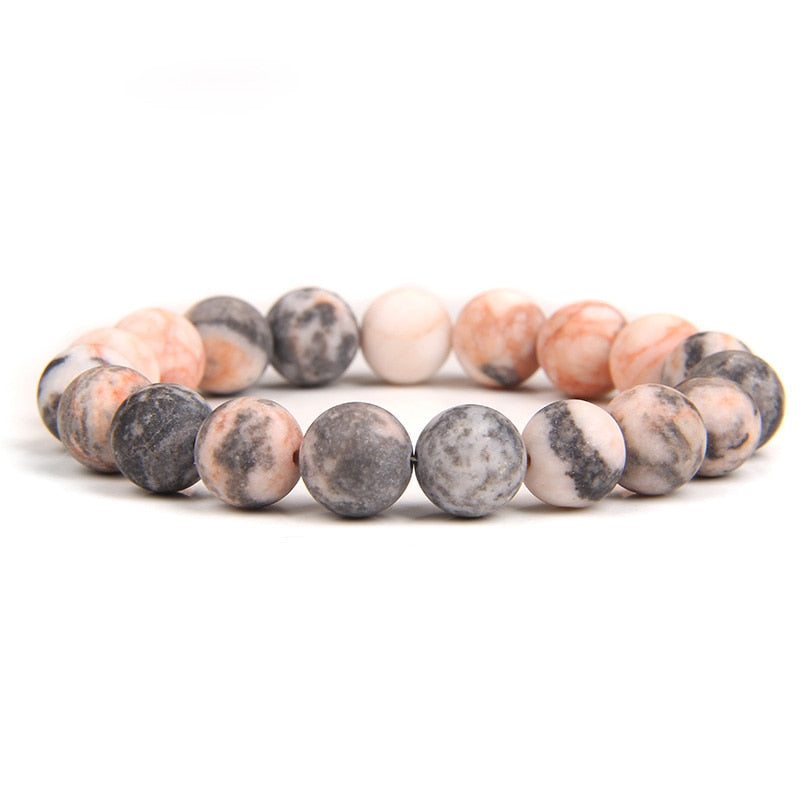 Natural Frosted Pink Zebra Mineral Stone Bracelets Handmade Matte Stone Bead Bracelet Women Men Yoga Meditation Jewelry Gift 1pc - Bonnie Lassio