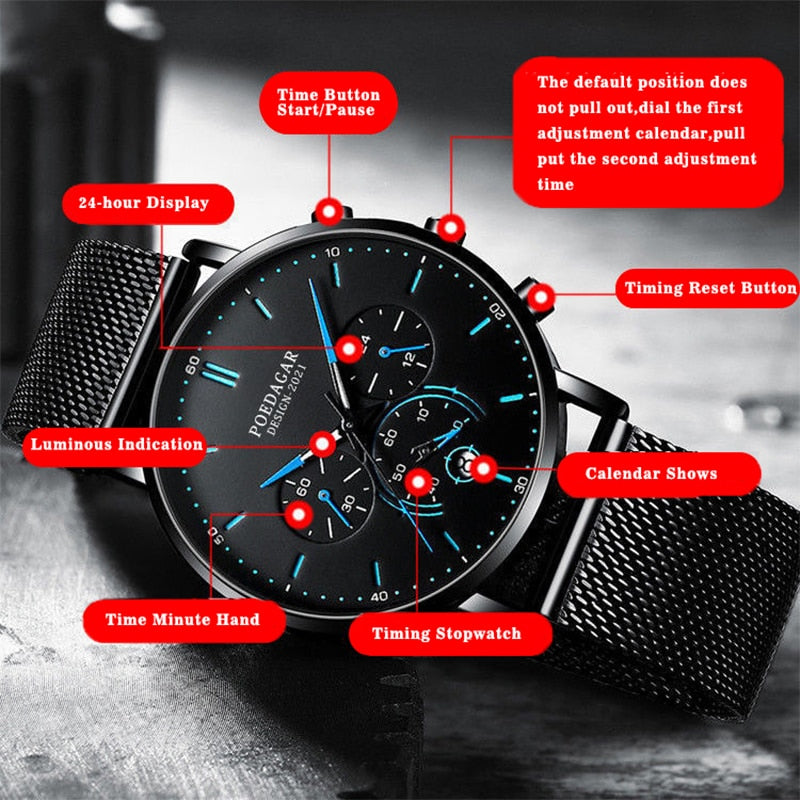 Poedagar Ultra Thin Mesh Belt Mens Watches Sports Chronograph Waterproof Luminous Watch for Men Top Luxury Quartz Wristwatch - Bonnie Lassio