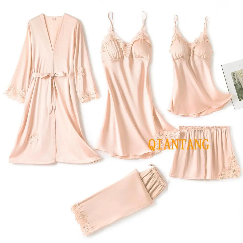 5PC Silk Robe Sleep Suit Womens Lace Satin Pajamas Gown Set V-Neck Cami Nighties Wear Pijama Home Nightwear Spring Nightdress - Bonnie Lassio