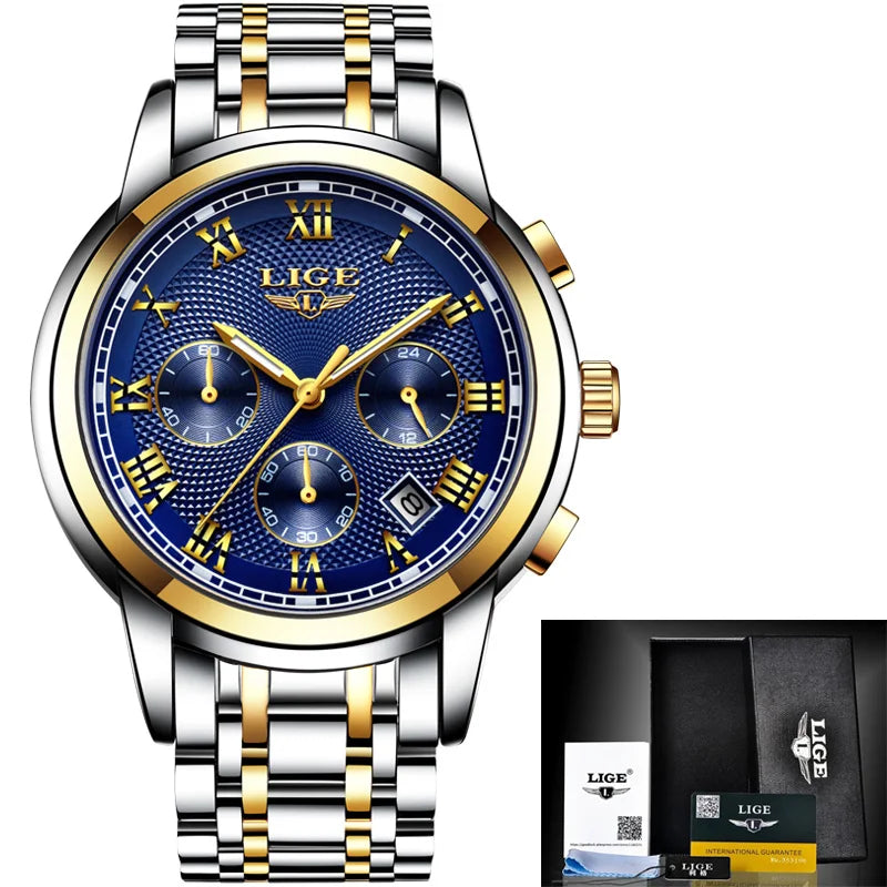 LIGE Mens Chronograph Sports Watch Waterproof Full Steel Quartz Boxed - Bonnie Lassio