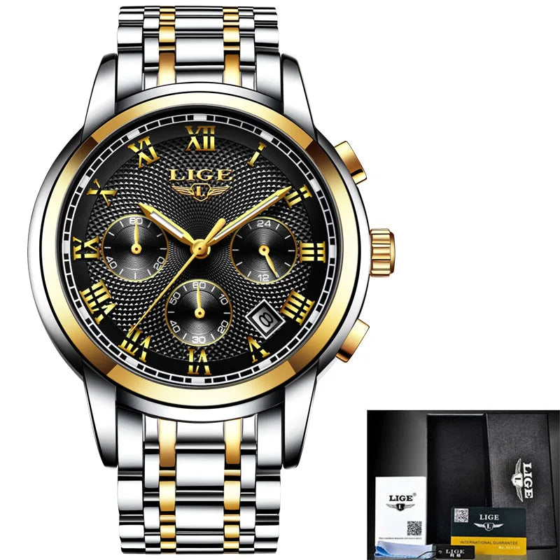 LIGE Mens Chronograph Sports Watch Waterproof Full Steel Quartz Boxed - Bonnie Lassio