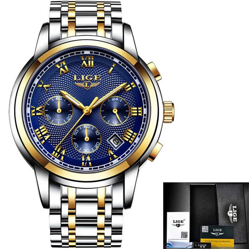 LIGE Mens Chronograph Sports Watch Waterproof Full Steel Quartz Boxed - Bonnie Lassio