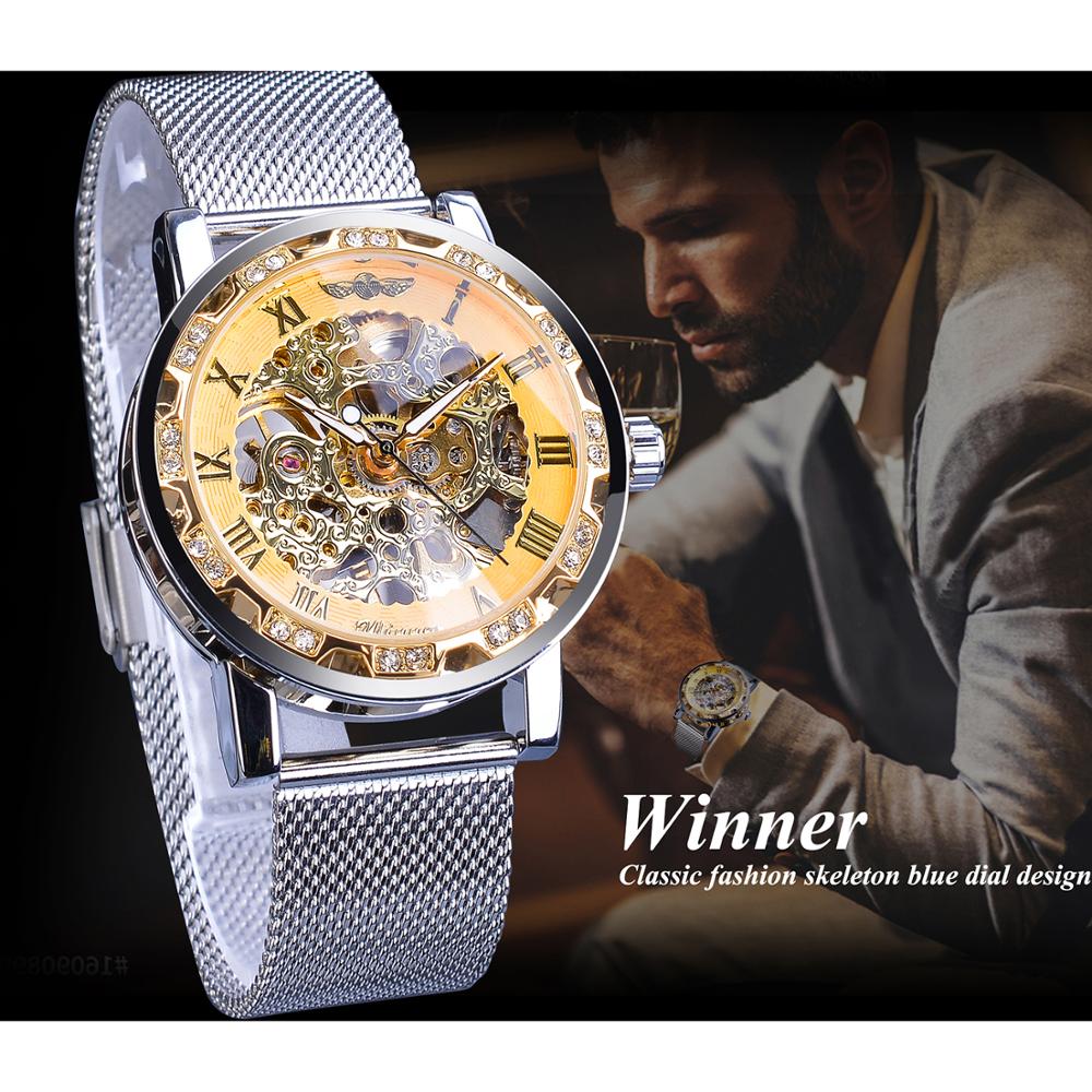 Winner Casual Mechanical Watches For Men Golden Roman Fashion Stainless Steel Belt Mesh Strap Wristwatch Clock Relogio Masculino - Bonnie Lassio