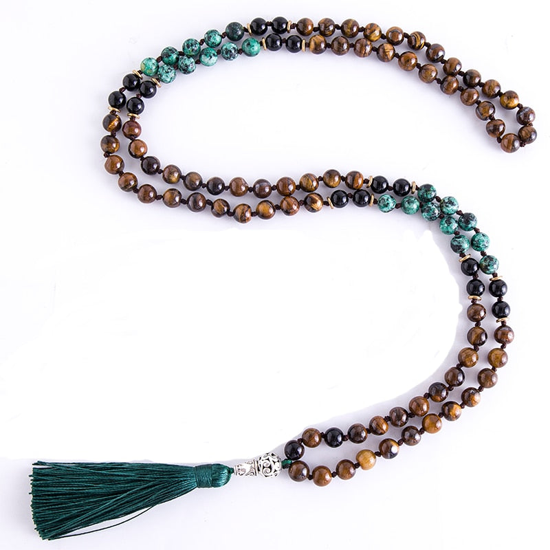 8mm Yellow Tiger Eyes Turquesa Africana Black Onyx Japamala Set Meditation Yoga Spirit Jewelry 108 Mala Beaded Tassel Necklace - Bonnie Lassio