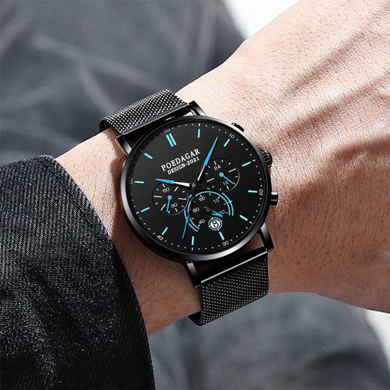 Poedagar Ultra Thin Mesh Belt Mens Watches Sports Chronograph Waterproof Luminous Watch for Men Top Luxury Quartz Wristwatch - Bonnie Lassio