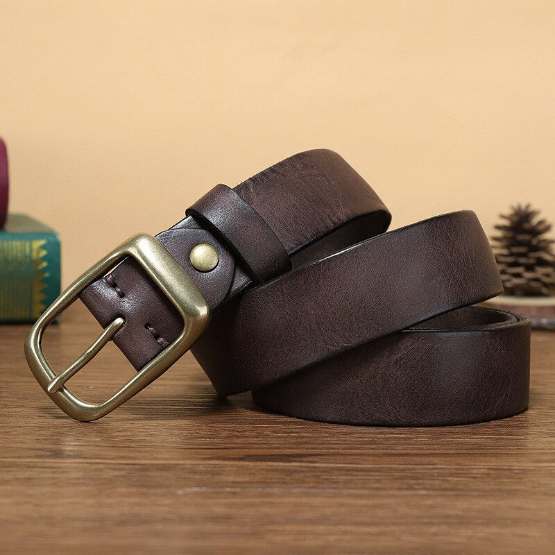 Mens  Genuine Leather Belt Copper Buckle Strap For Jeans - Bonnie Lassio