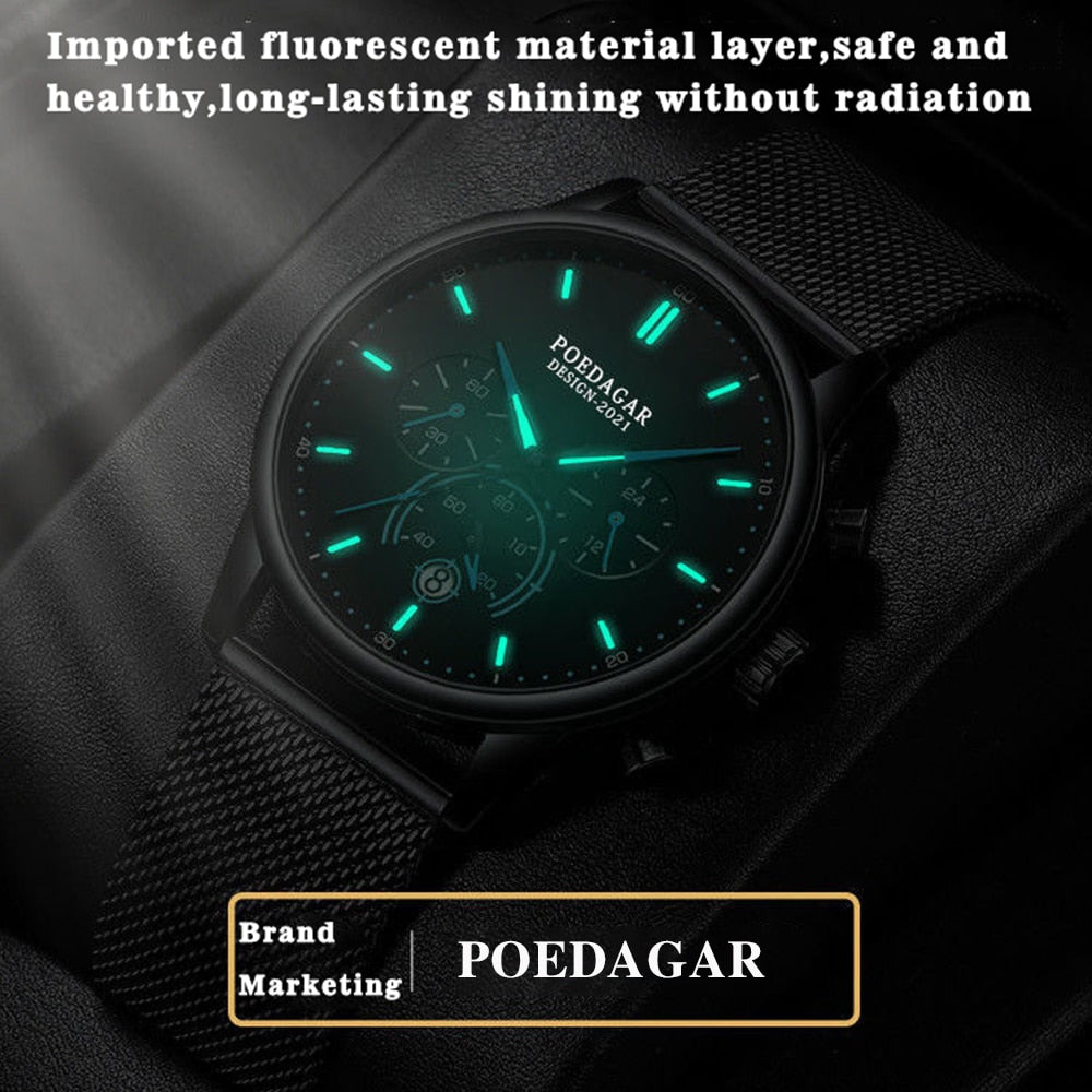 Poedagar Ultra Thin Mesh Belt Mens Watches Sports Chronograph Waterproof Luminous Watch for Men Top Luxury Quartz Wristwatch - Bonnie Lassio