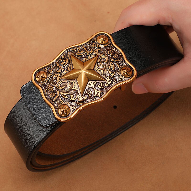 Large Plus Size 130 140 150cm Men Leather Belt for Men Gold Silver Star Buckle - Bonnie Lassio