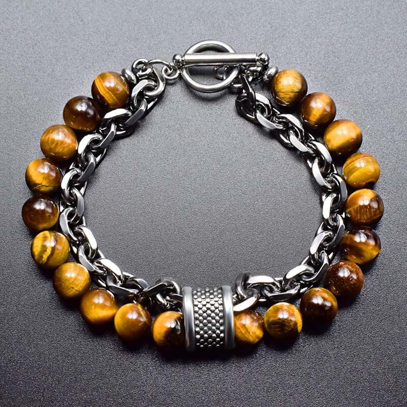 Natural Stone Layered Gun Black Color Alloy Chain Bracelet Homme Lava Stone Eye Tiger Bead Meditation OT Buckle Gifts for Men - Bonnie Lassio